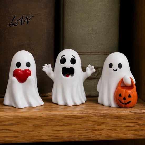 Indoor Festival Atmosphere Halloween Cute Ghost Figurine, Small Red Heart Pumpkin Bucket Statue, Seasonal Decorative Gifts Resin Funny Ornament