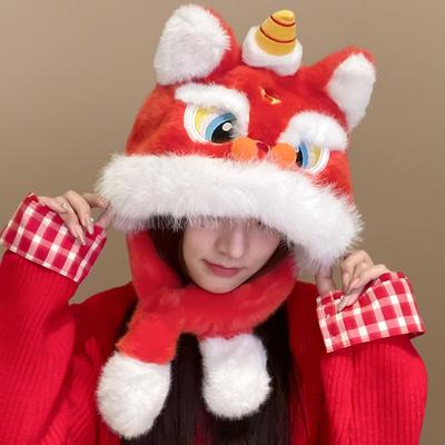 Меховые наушники Шапка Львиный танец Уши могут двигаться Теплая зимняя шапка Кавайная Новогодняя Красная шапка Новогодний подарок