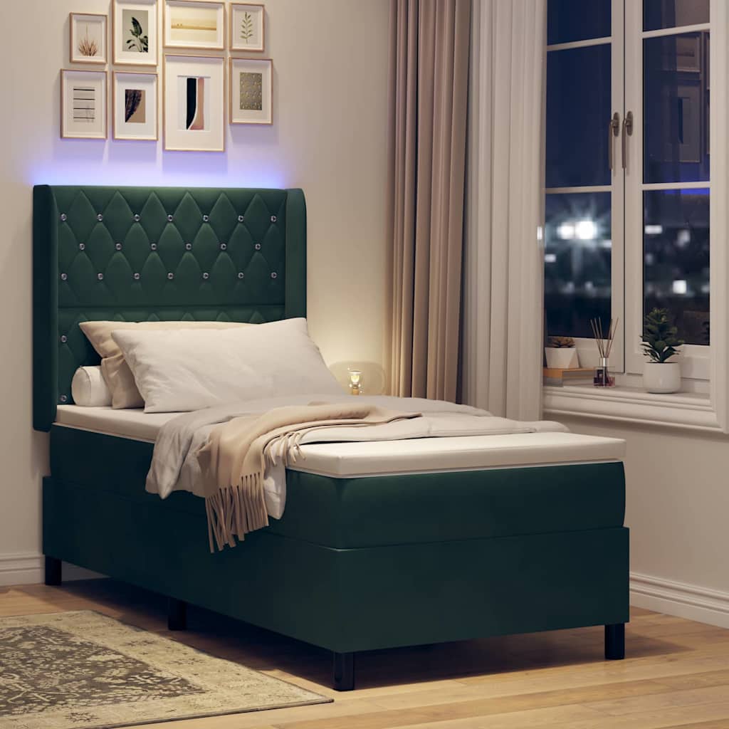 Boxspring Bed with Mattress and LED Dark Green 90 x 190 cm Velvet