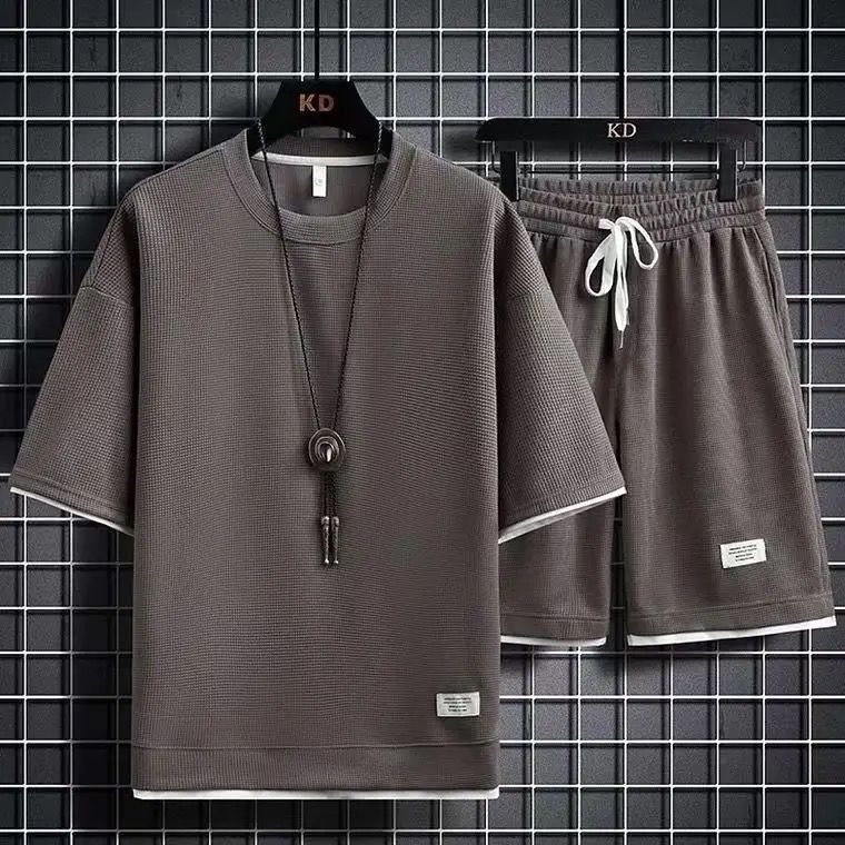 Летние мужские вафельные комплекты Повседневный комплект из футболки и шорт Мужской спортивный костюм Однотонный спортивный костюм Свободные костюмы