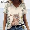 Женские футболки с принтом котов и героями мультфильмов, рубашки большого размера с v-образным вырезом для девочек, повседневные топы Kawaii, летние уличные женские футболки с короткими рукавами