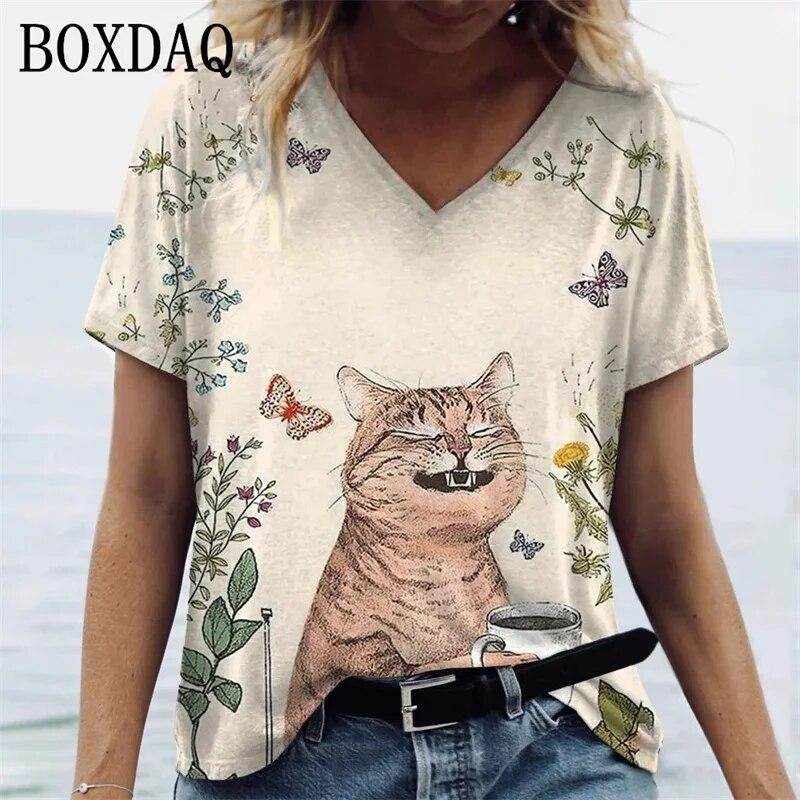 Женские футболки с принтом котов и героями мультфильмов, рубашки большого размера с v-образным вырезом для девочек, повседневные топы Kawaii, летние уличные женские футболки с короткими рукавами