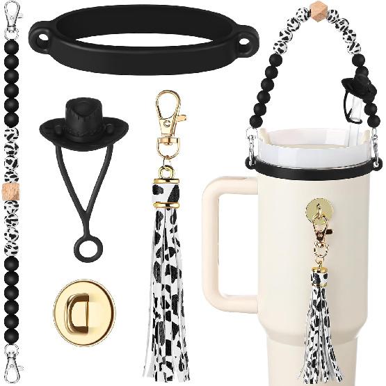 Skylety 5 Pcs Cowboy Hat Silicone Cup Accessory Set Compatible with Stanley Cups Includes Cow Hat Straw Cover Beaded Bottle Strap Leather Tassel