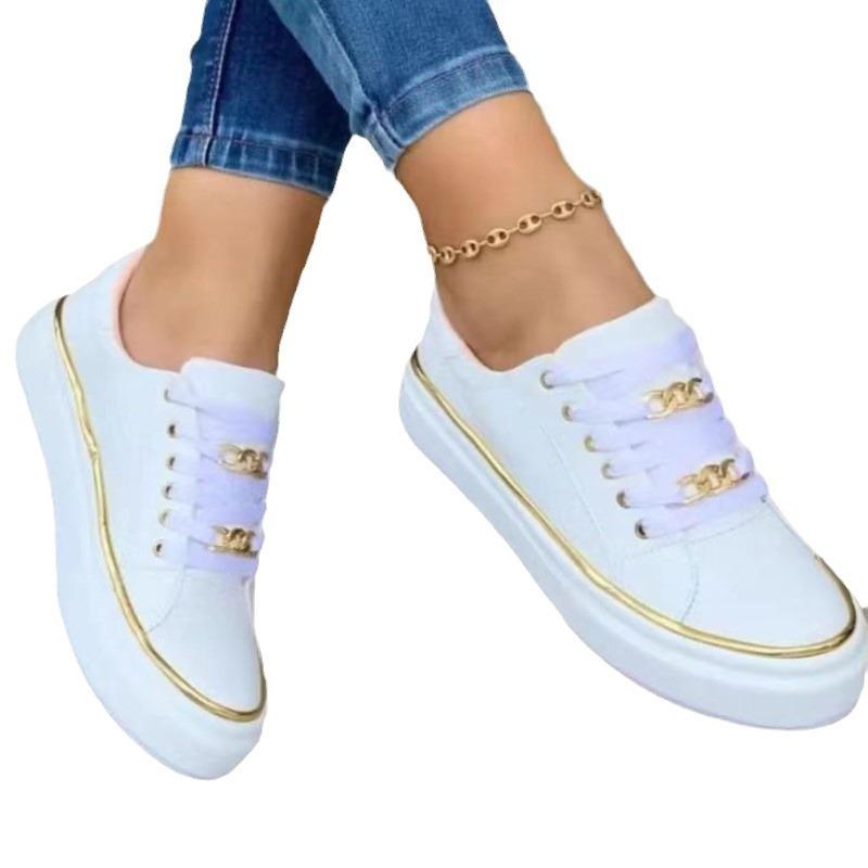 2025New Fashion Women's Sneakers  Chain Leather Comfortable Round Toe Platform Sneakers Lace-up Walking Women's Vulcanized Shoes