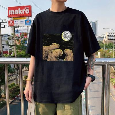 Рубашка с капибарами «Три луны», новинка 2022 года, новинка 2022 года, милая летняя повседневная свободная футболка с короткими рукавами и принтом животных для пар, простая свободная футболка для пар