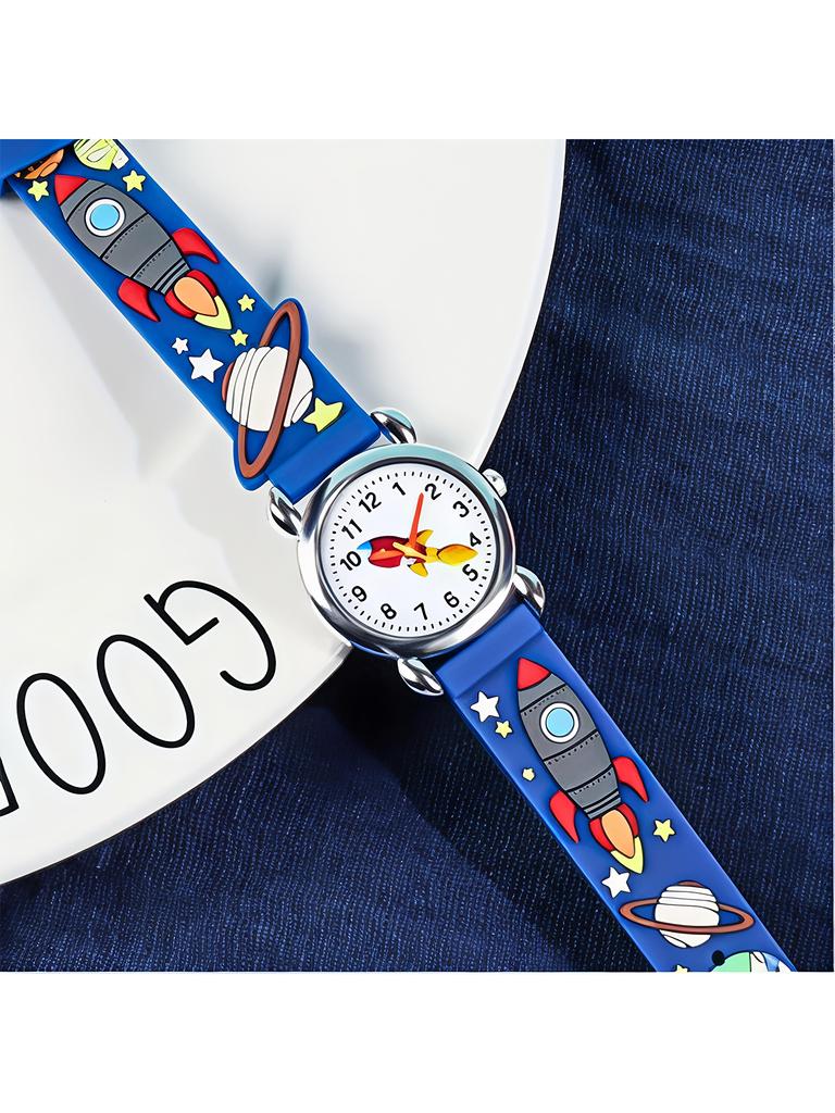 3D Space Rocket Design Silicone Strap Watch - Cartoon Planet Analog Quartz Wristwatch