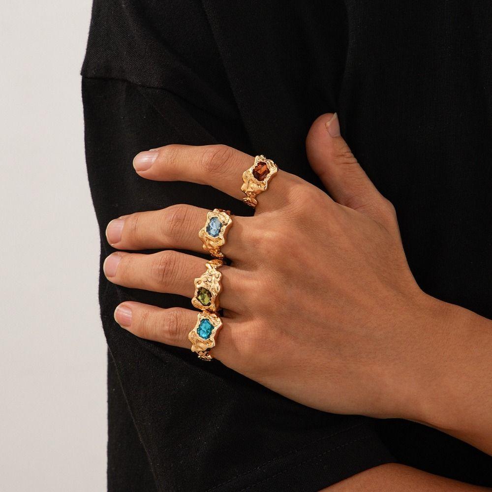 4 шт. Кольца с нерегулярными цветными драгоценными камнями, золотые, серебряные, преувеличенные кольца, классные открытые кольца со стразами для мужчин