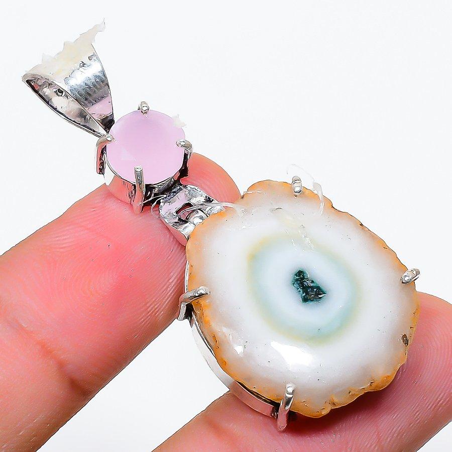 Solar Quartz, Chalcedony 925 Sterling Silver Jewelry Pendant 1.89" K3u66
