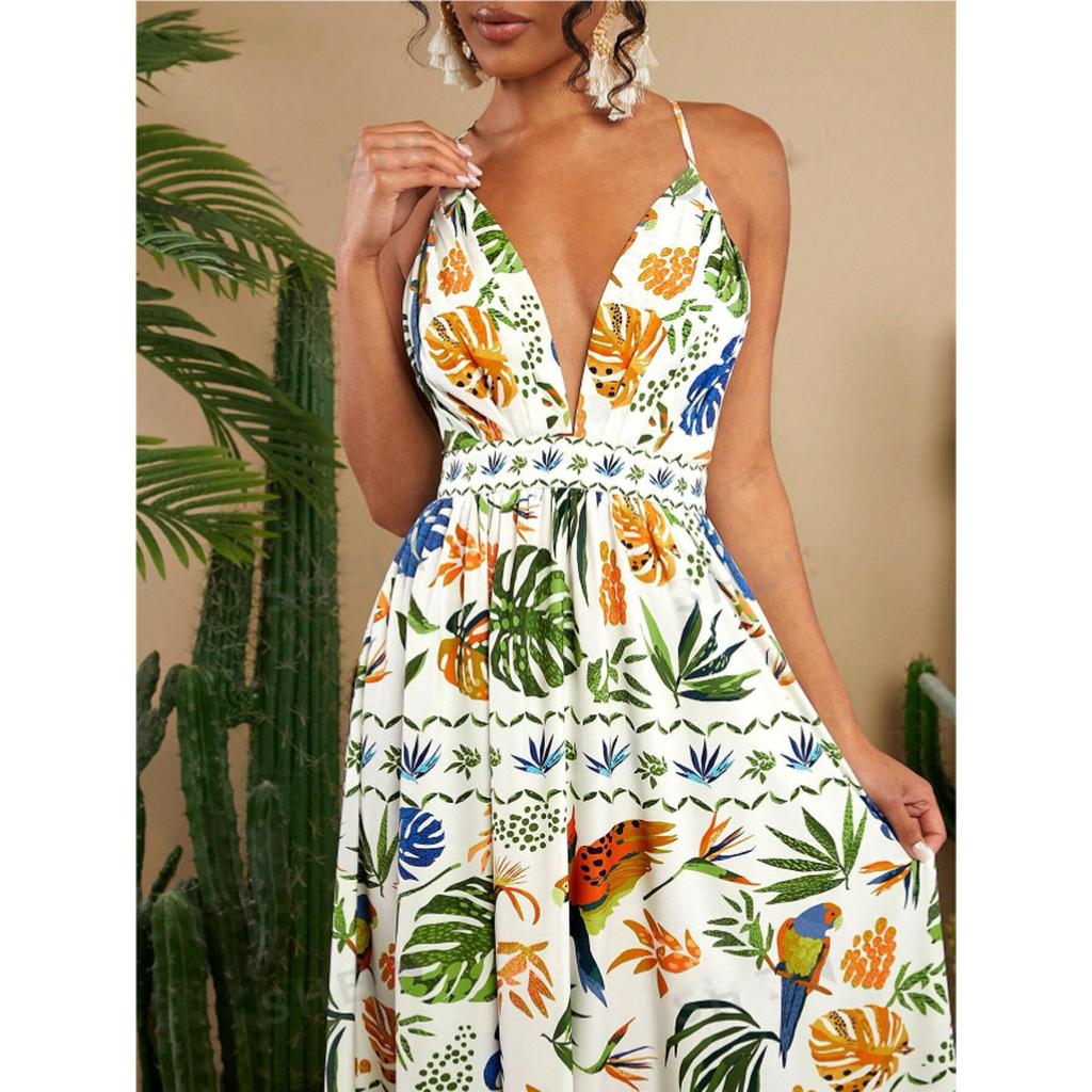 Women's Boho Floral Beach Sundress Sleeveless Summer  Maxi Dress Spaghetti Straps Casual Smocked Flowy A-Line Dress Party Long Dresses for Women