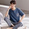 Men's Summer Cotton Thin Round Neck Pullover Short Sleeve Long Pant Two-piece Set Outer Wear Homewear Young Boy Pijamas