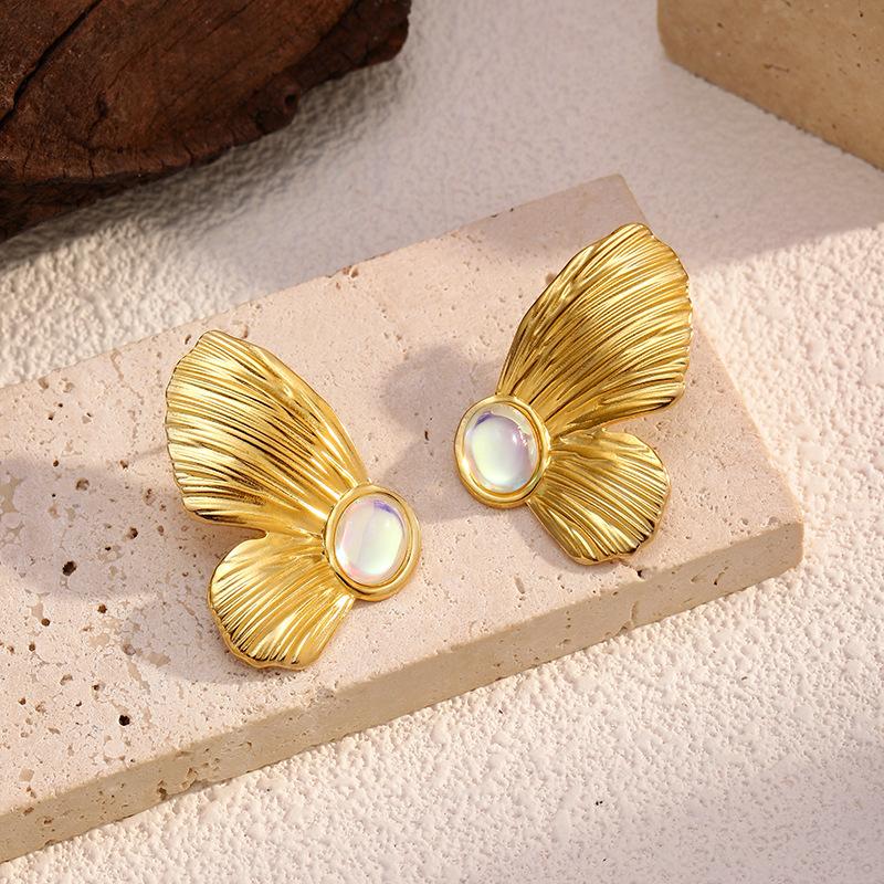 Golden butterfly fashion titanium steel electroplated shell stud earrings female butterfly exquisite earrings electroplated stainless steel jewelry