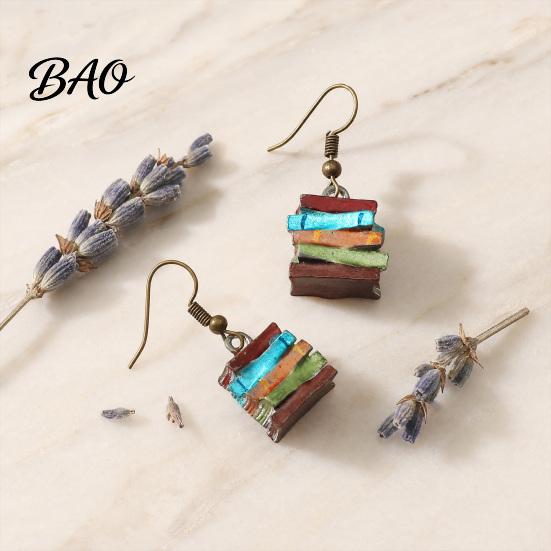 Handmade Resin Earrings 1 Pair Women Earrings, Retro Mini Stacked Book Design Hook Lightweight Literary Drop for Jewelry Gift