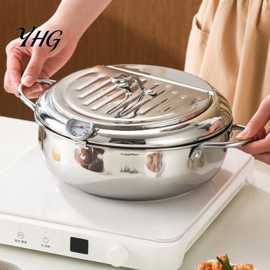 Portable Outdoor Camping Fryer Stainless Steel Stovetop Deep Pot with Thermometer, 2.2/3.2L Multifunctional Non Stick Tempura Frying Easy Clean