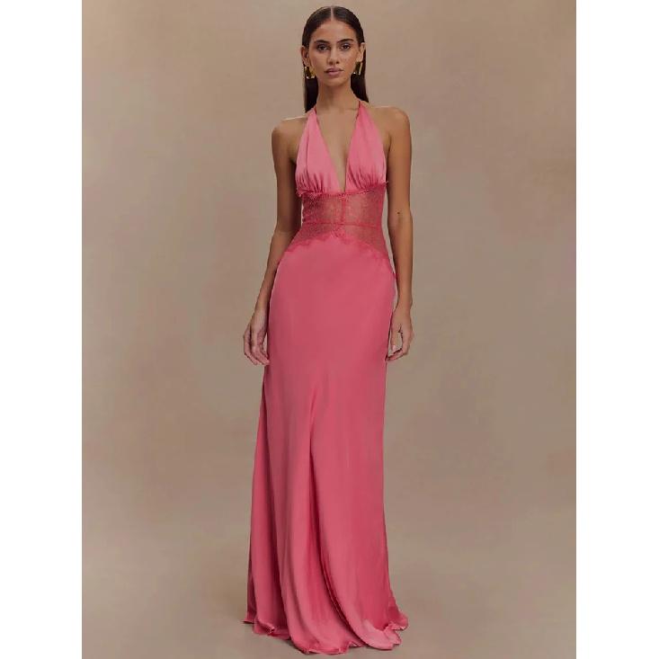 Summer Backless Sexy Maxi Dress Women Gown Patchwork Lace Halter Deep V Neck Sleeveless High Waist Elegant Long Dress