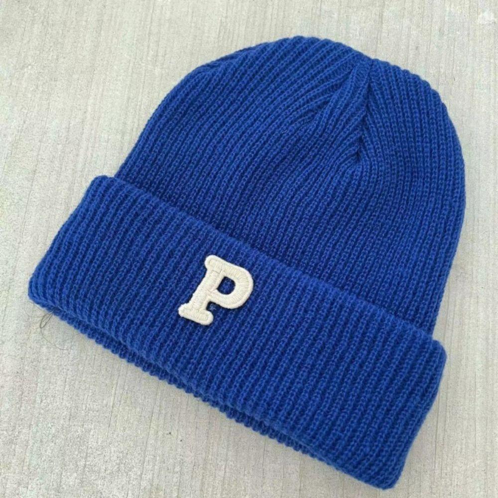 Women Knit Beanie Hat Casual Winter Warm Fleece Warm Knitted Hat P-letter Woolen Yarn Knitting Cap Hat Cuff Knit Beanie