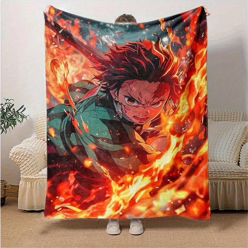 1pc, Anime Demon Slayer Tanjiro Kamado Flame Suit Cosplay Blanket, Home Decor, Couch Throw, Outdoor Blanket, Gift, Flannel Coverlet for Bedroom, Livin