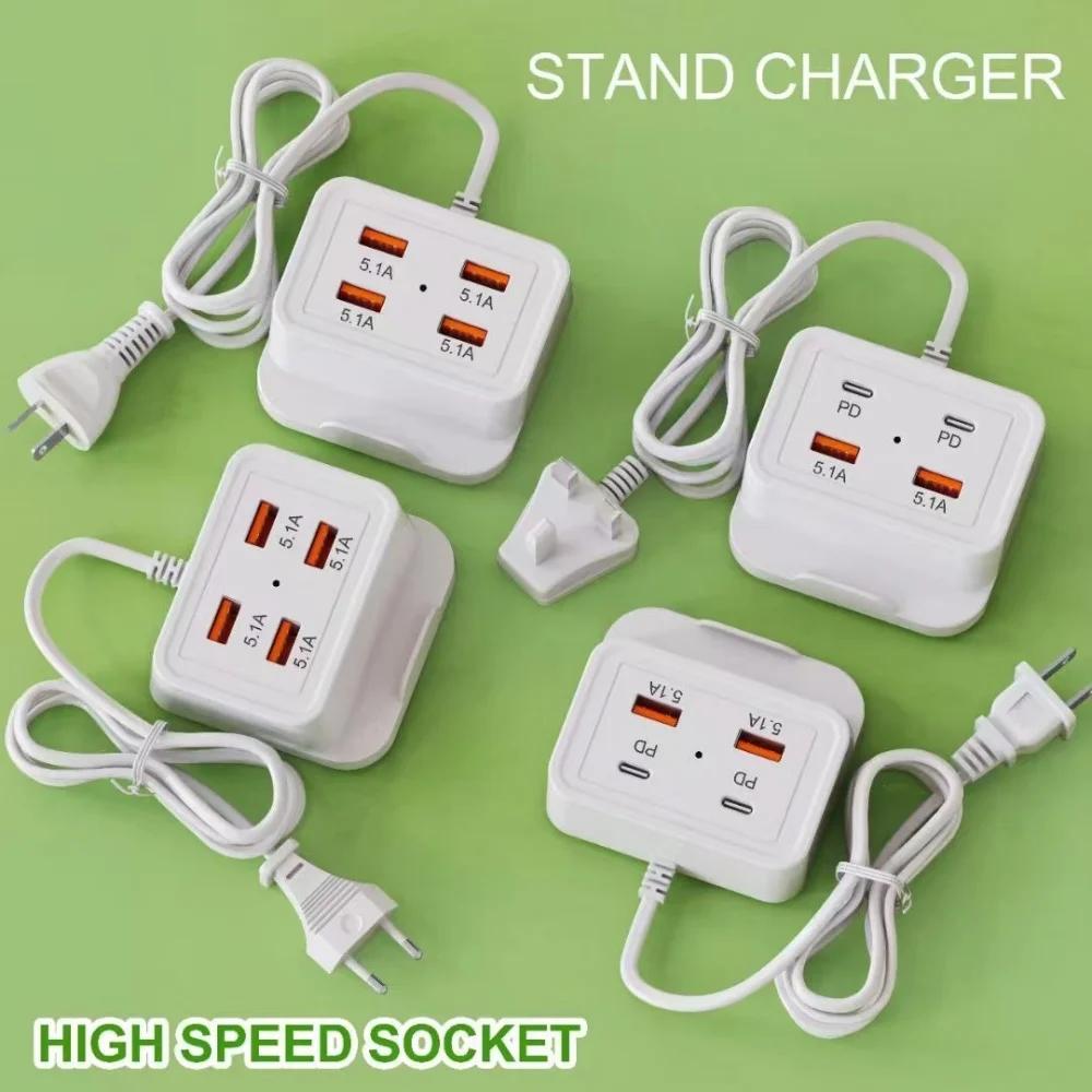 5.1A Fast Charging USB C Charger PD 4 Ports Wall Socket Mobile Phone Type C Charger Adapter Power Strip for iPhone 16 Samsung