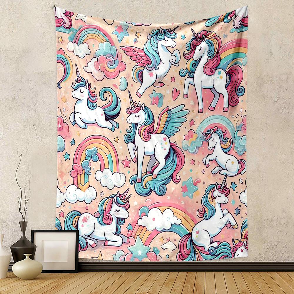 Colorful Unicorns, Rainbows, and Stars Patterned tapestry for bedroom and living room home decor