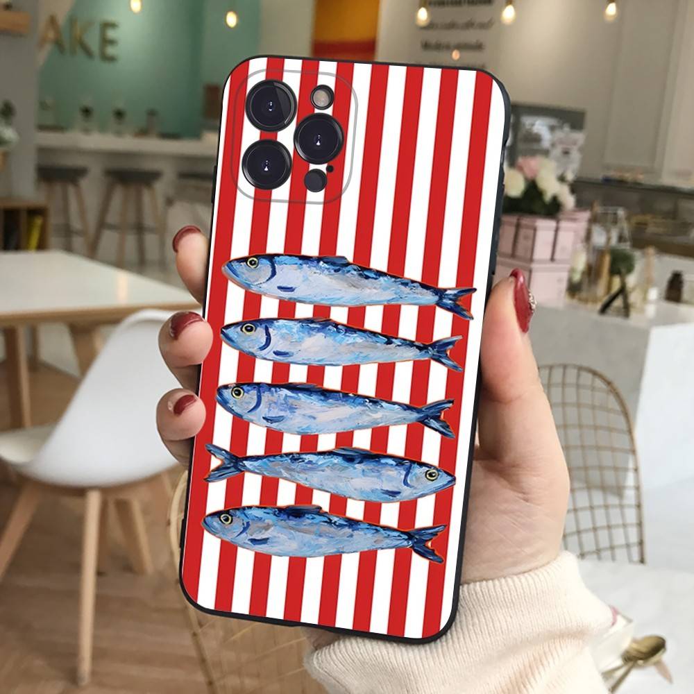 Силиконовый чехол для телефона с сардинами для iPhone 11 12 13 14 15 16 17 Pro Max Черный чехол