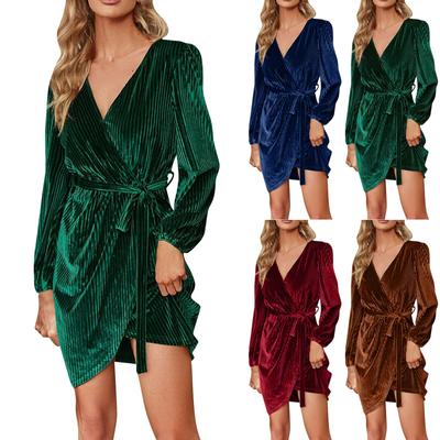 Женское повседневное однотонное бархатное вечернее платье на шнуровке с длинными рукавами