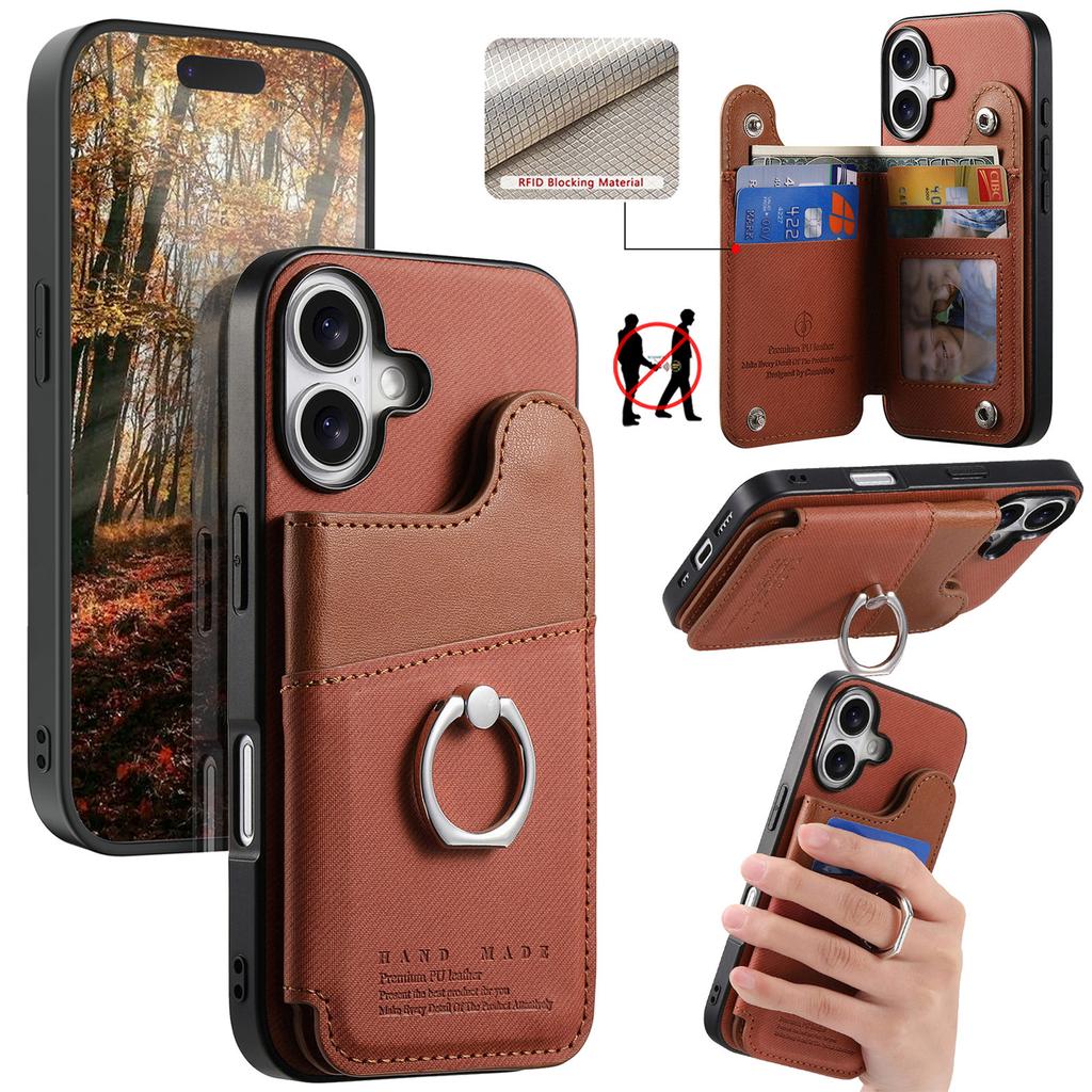 For iPhone 16 Case with Card Holder Kickstand Leather+TPU+PC Phone Cover