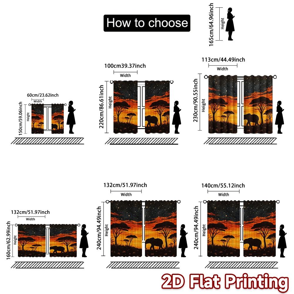 2D FLAT PRINTING 2pcs Curtains (Without Rod) Elephant Under Starry Sky Popular Pattern Curtains Versatile Fabric Curtains Easter