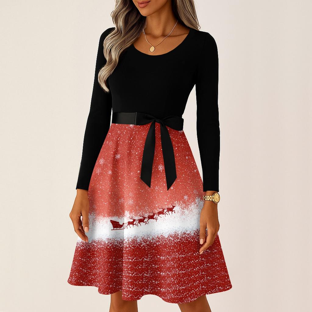 Women's Casual Fashion Long Sleeve Christmas Graphic Printed Vintage Long Dresses