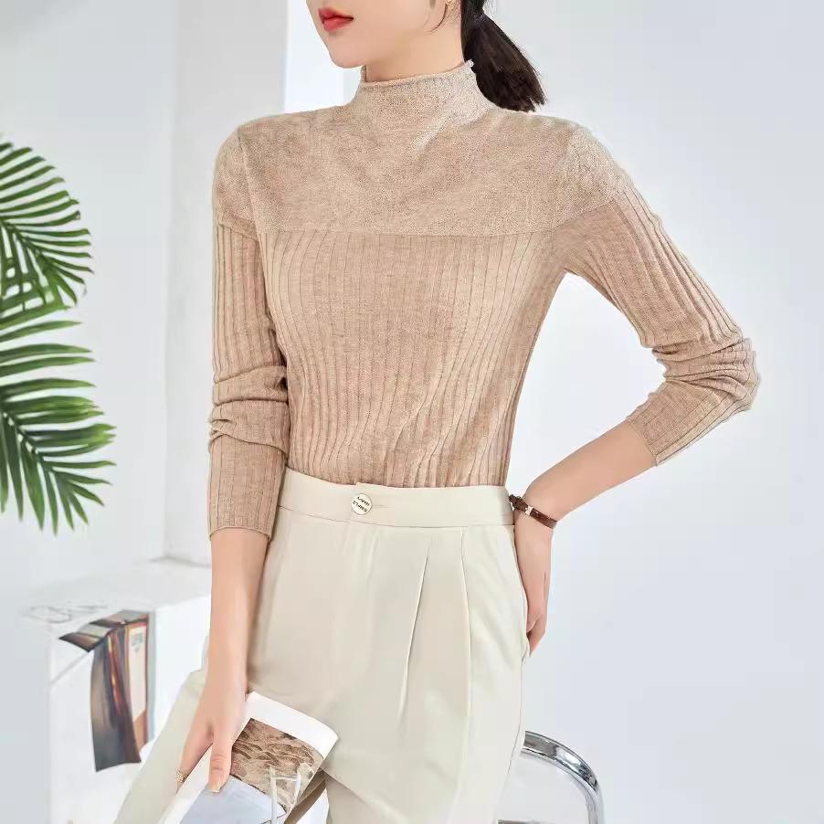 2024 Autumn/Winter Women's Silk Wool Sweater - Lace-Stitched Design with Curling Half High Collar