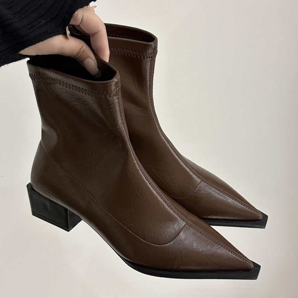 Осенне-зимние женские ботильоны с острым носком, тонкие ботинки, женские короткие ботинки на квадратном низком каблуке, повседневная женская обувь