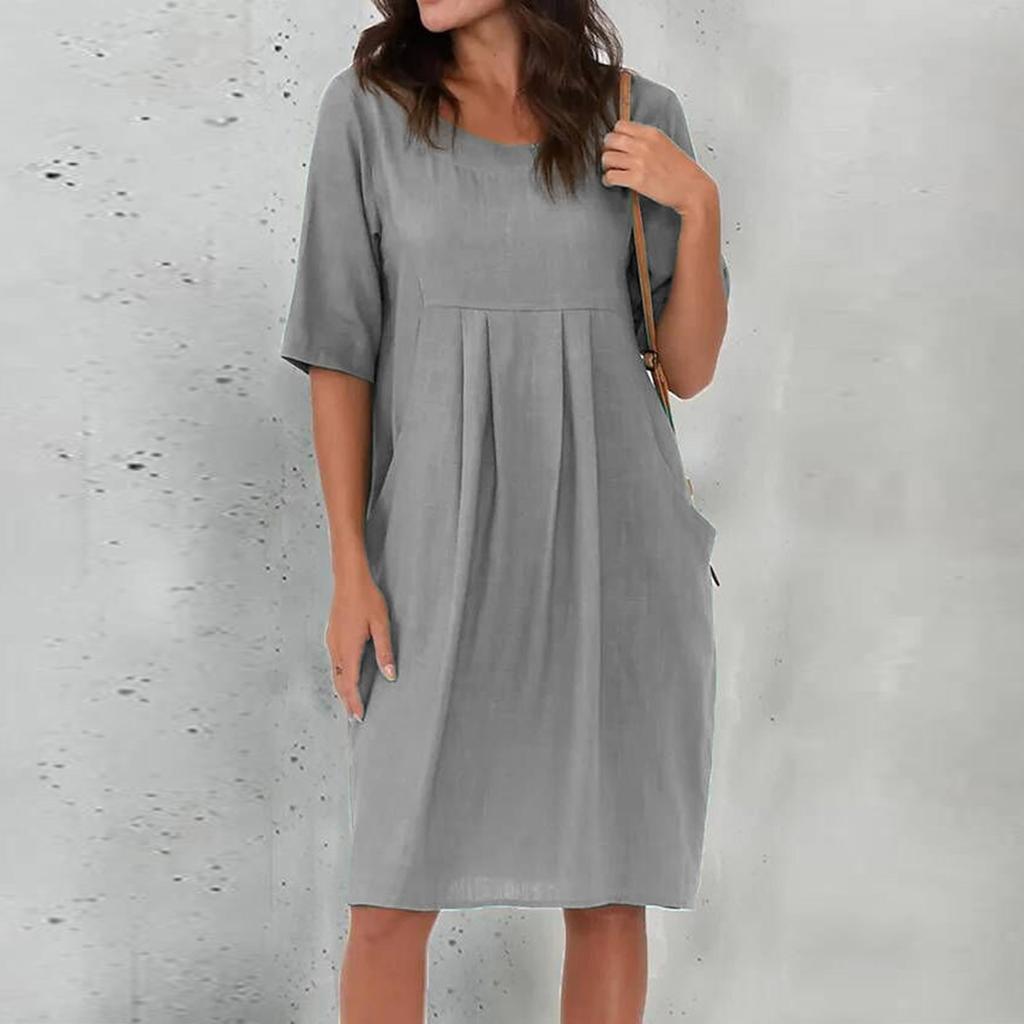Women's Casual Loose O Neck Short Sleeve With Pockets Elegant Linen  Swing Dresses