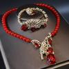 Luxury Red Leopard Pendant Necklace Bracelet Ring Set for Women Elegant Crystal Jewelry for Wedding Party Evening Gown
