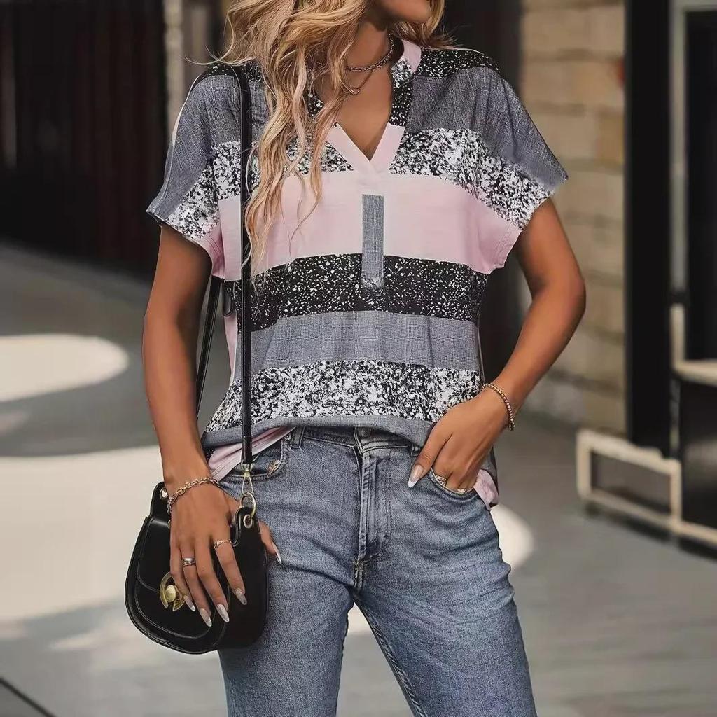 Women's Summer Striped V-Neck 3D Print Casual Short-Sleeve T-Shirt