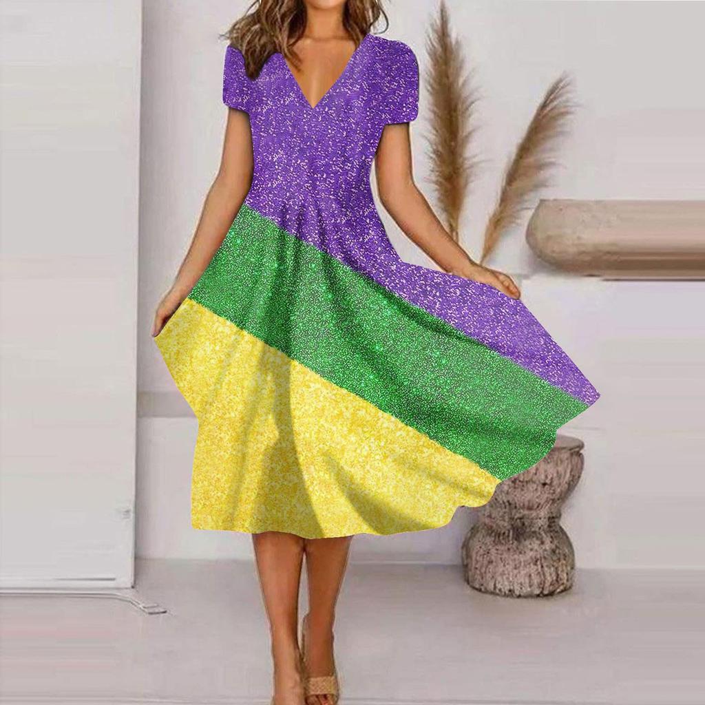 Women's Summer Casual Fashion Print Short Sleeve V-Neck Swing Dress