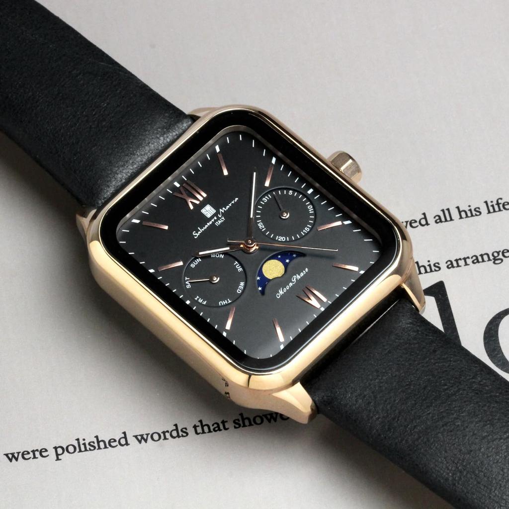 Фазы Луны Квадратные Квадратные Мульти Календарь Ежедневные Водонепроницаемые Деловые Формальные Кожаный Ремешок Ограниченная Модель Розовое Золото Черный [Salvatore Mara] Мужские