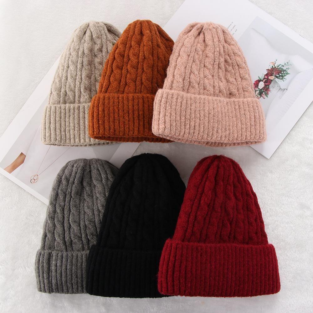 Color Winter Warm Wool Knitted Beanies Thick Fleece Hedging Cap Slouchy Bonnet Casual Ski Hats