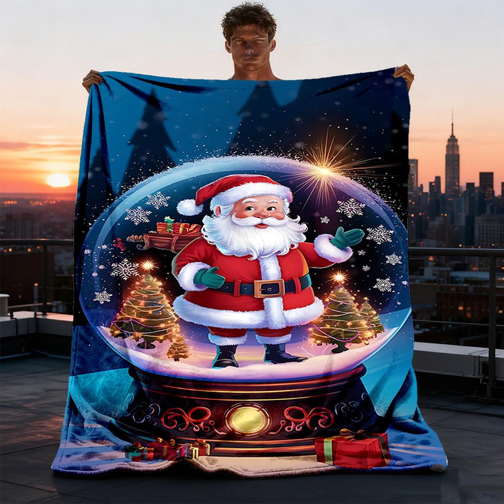 1pc Snow globe Santa Claus Outdoor Flannel Blanket Soft All Season Polyester Throw , Perfect for Picnics & Travel , Picnic Accessory