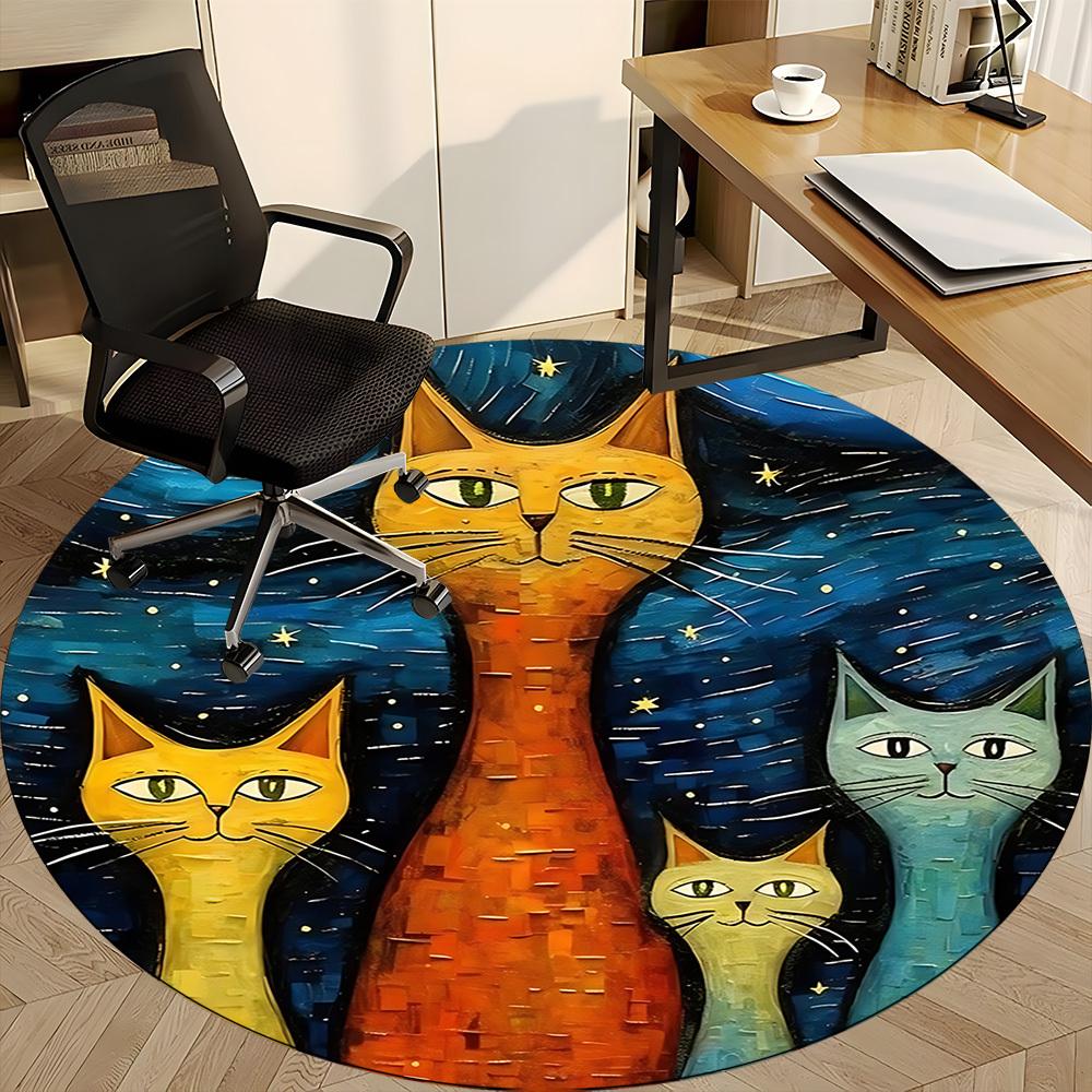 1pc Cat Family Office Round Area Rug, Indoor Mat Suitable ForOffice, Under Office Chairs Bedroom Living Room Home Decor, Room Deco D022