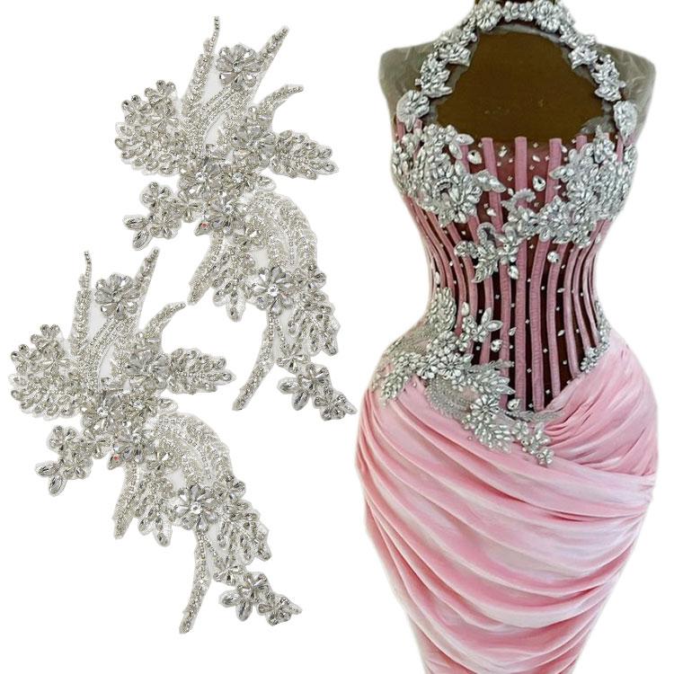 Customize Shoulder Charming Clear Crystal Beaded Bodice Rhinestone Applique Patch for Party Wedding Dress