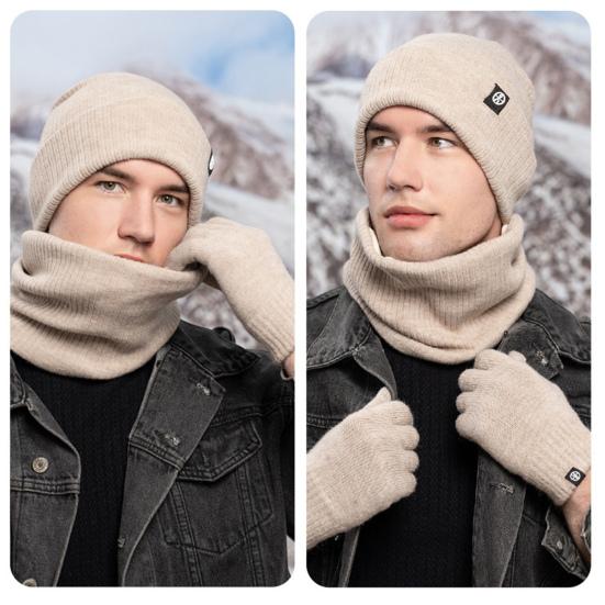 Yousheng 3 Pcs/Set Unisex Winter Beanie Scarf Gloves Set Thick Plush Knitted Warm Cap Gloves Elastic Ear Protection Windproof Winter Outdoor Cycling