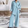2 Pcs/Set Women Shirt Pants Set Homewear Outfit Solid Color Turn-down Collar Long Sleeve Top Wide Leg Elastic Waist Loose Pants Commute Clothes Blouse
