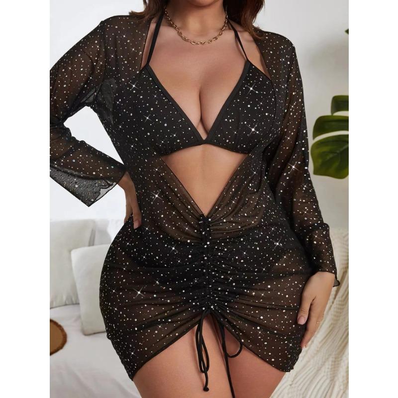 2025 Black 3 Piece Mesh Smock Plus Size Bikini Set Women Tied Halter Push Up Big Swimsuit Backless Chubby Bathing Suit