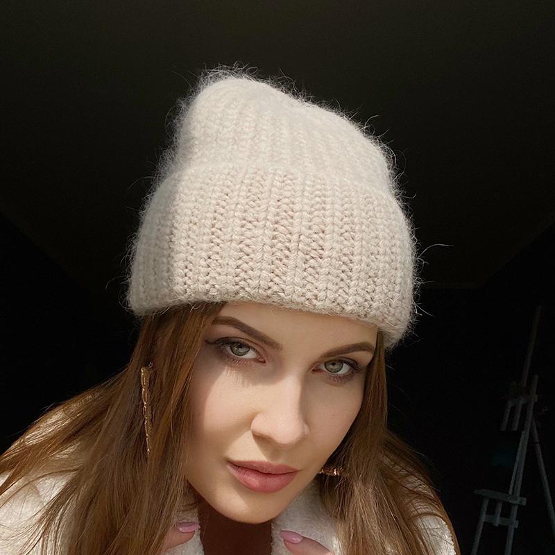 Konijnenbont Zachte Warme Beanie Muts Voor Vrouwen Wol Motorkap Dikke Gebreide Mooie Skullies Mutsen Ангорская вязаная шапка