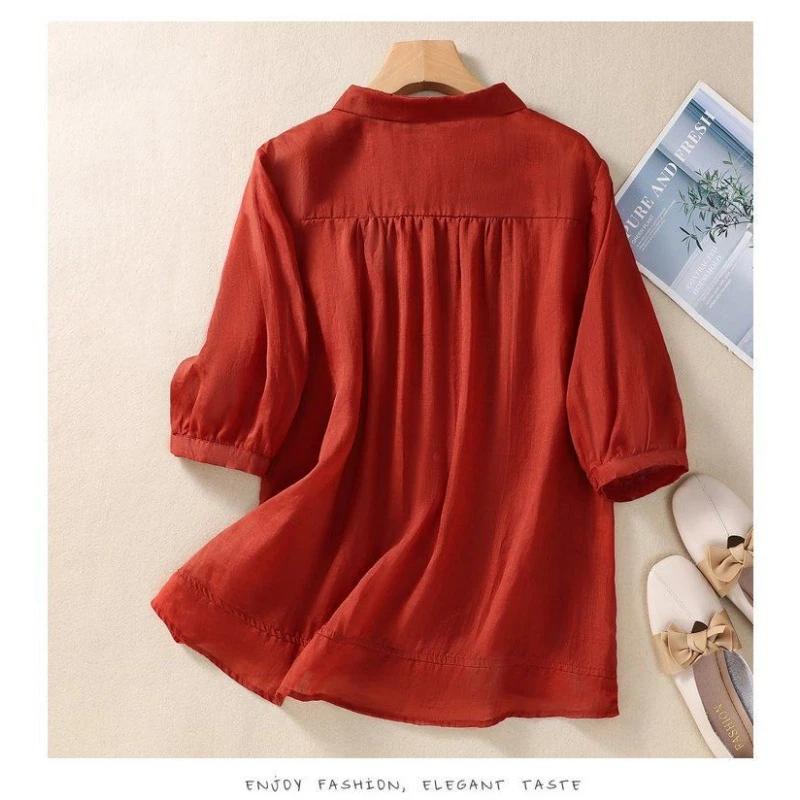 Women Floral Embroidered Point Collar Half Sleeve Cotton Button Down Shirt