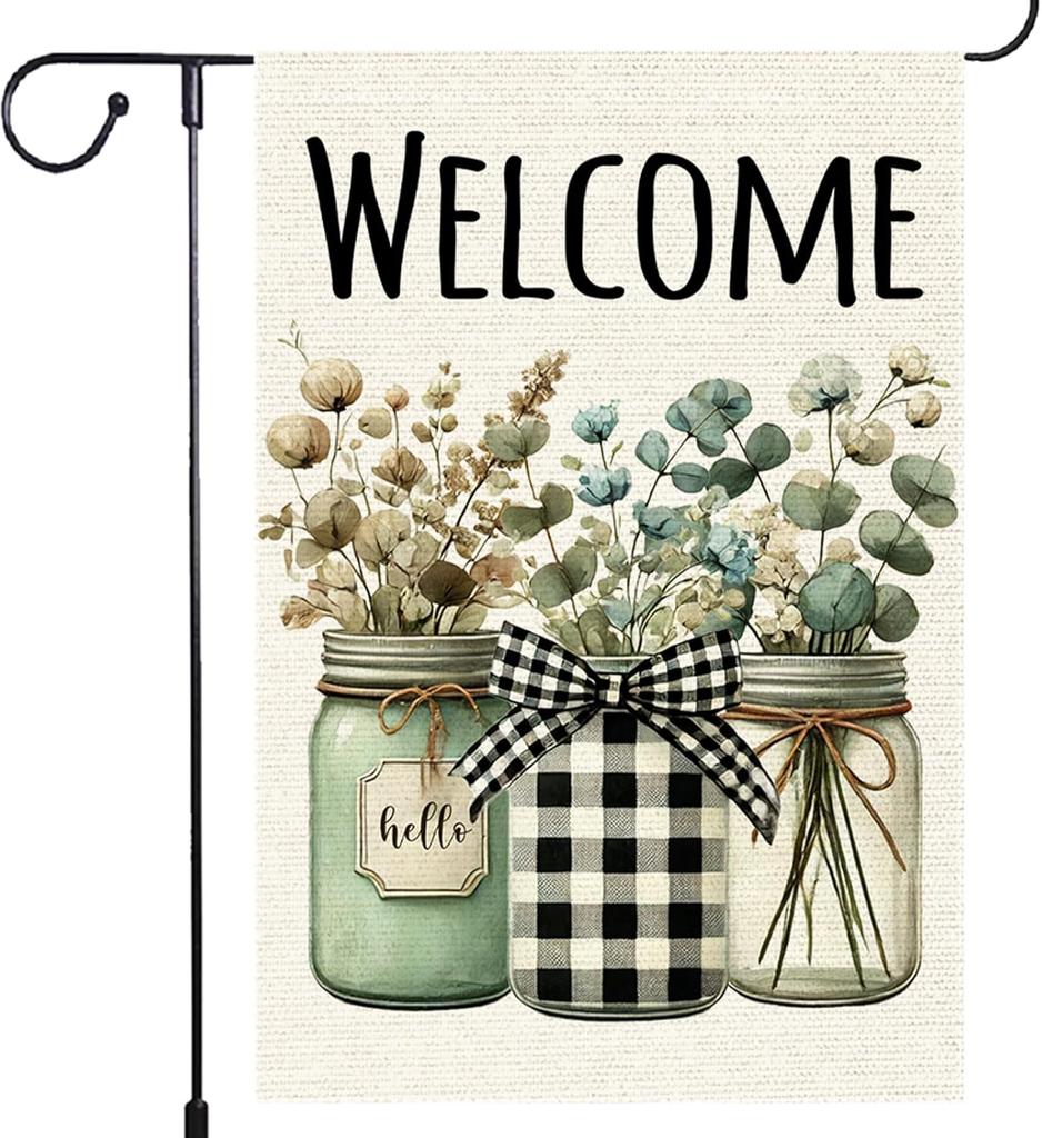 Welcome Spring Garden ag 12x18 Inch Double Sided Burlap Buffalo Plaid Mason Jar Colorful oral Small owers Buttery Se EEZ