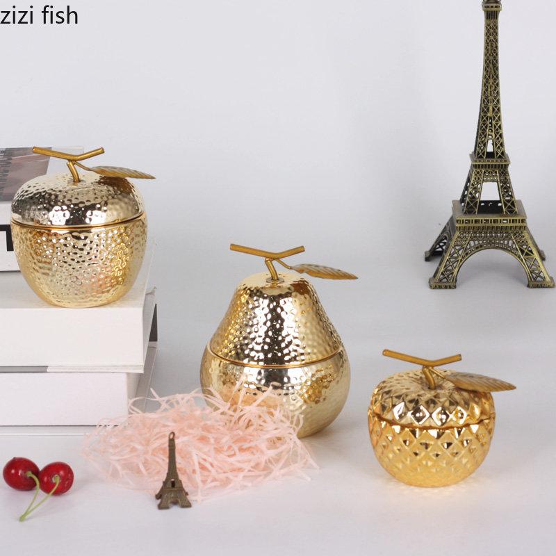 Creative Electroplating Ceramic Fruit Storage Jar Golden Pear Apple Living Room Decor Ring Necklace Storage Box Home Decoration