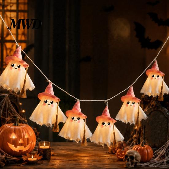 Spooky But Sweet Festival Props LED Ghost String Lights for Halloween Decorations, Cute Hanging Gauze Lamps Indoor Outdoor Decorations with Warm White