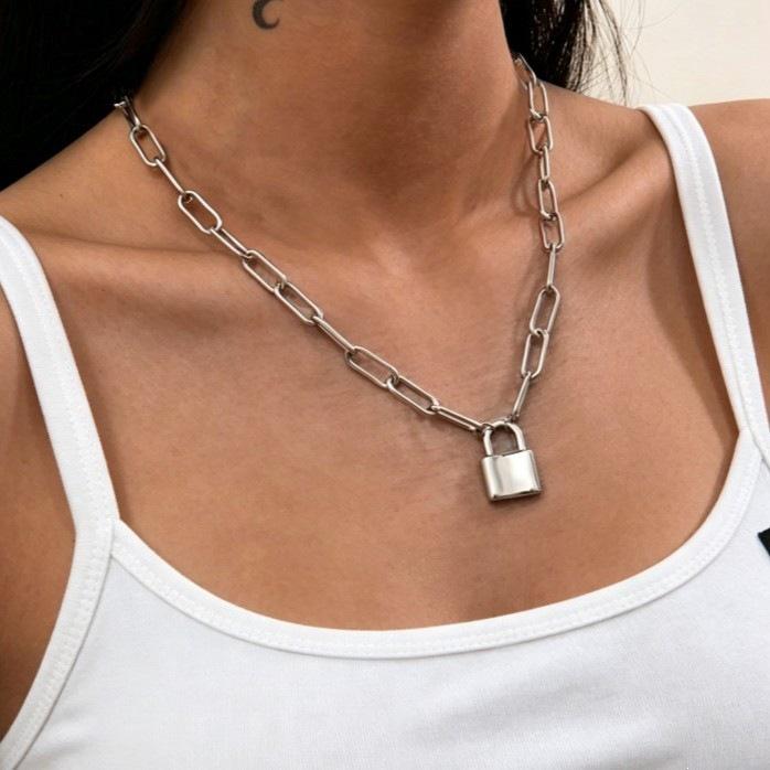 European & American Street Fashion Hip Hop Lock Pendant Necklace - Punk Style Thick Chain for Women