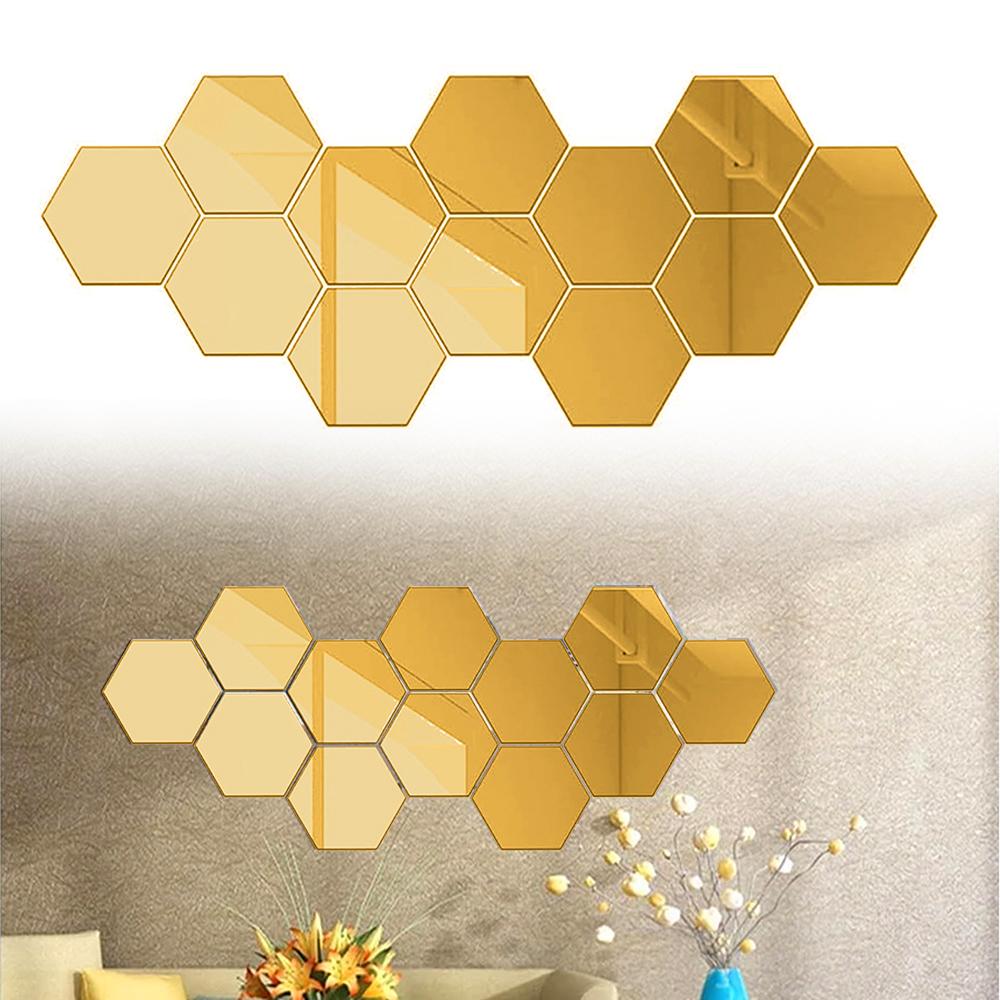 12pcs Hexagon Mirror Sticker Self Adhesive Art Wall Sticker Decals DIY Bedroom Living Room Bathroom Home Decor Christmas Decor