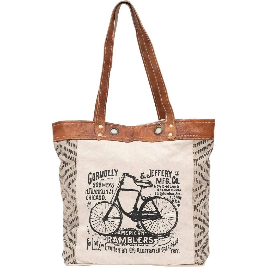 Let's Touch The Sky Leather Bags Bicycle Upcycled Canvas Tote Bag White Tan, Khaki, Brown
