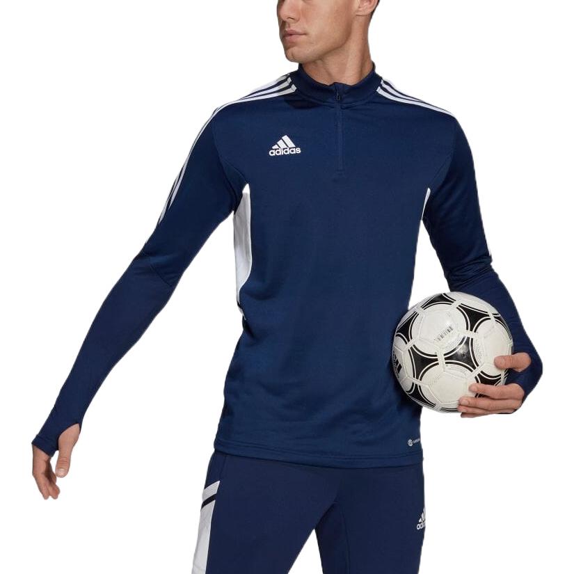adidas Тренировочная футболка с длинными рукавами и полосатой отделкой с логотипом и молнией до половины. Мужские топы Темно-синие HA6270